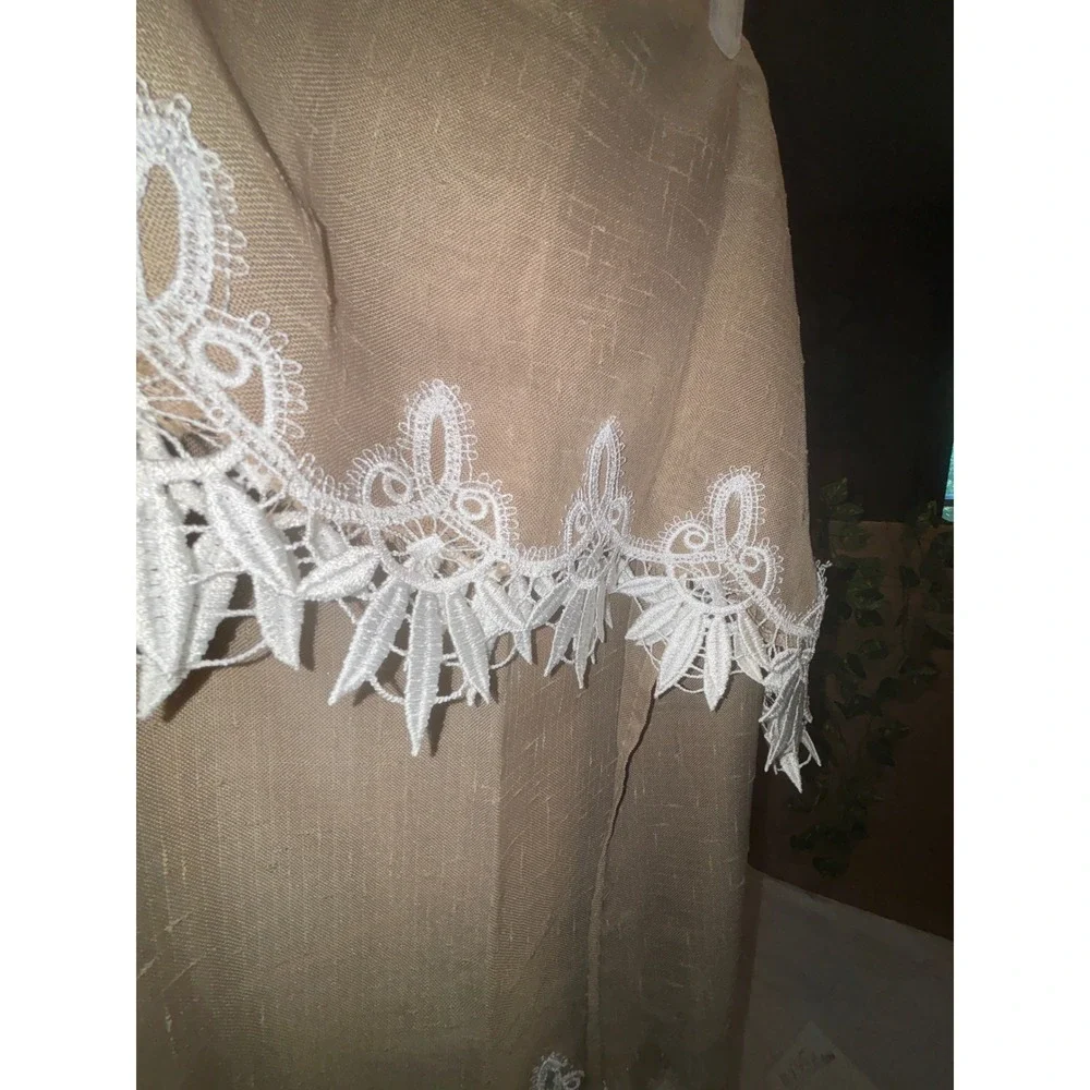 Tan Linen Scarf Valance with White Guipure Lace Trim Farmhouse Decor pair set